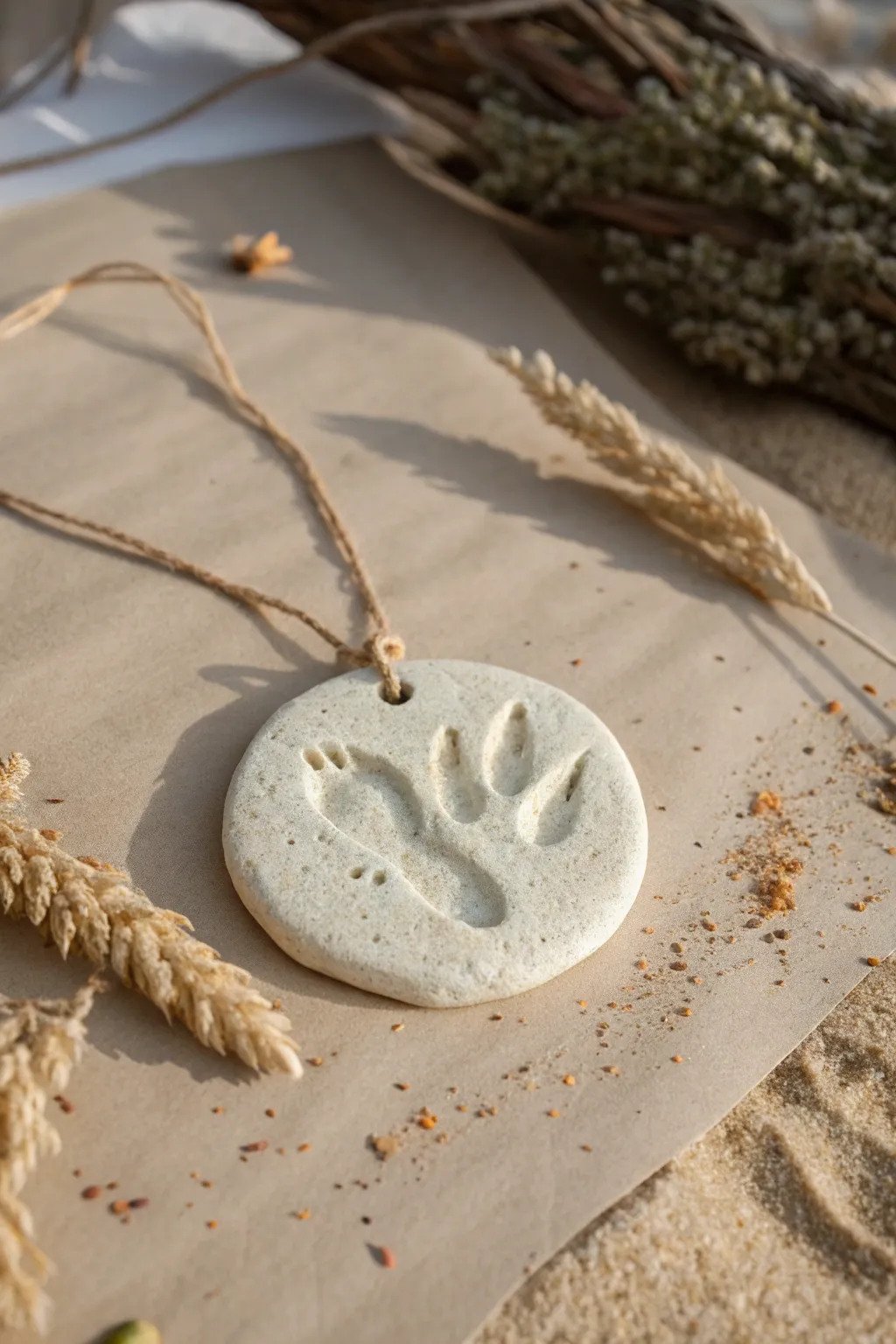 Easy clay dinosaur fossil medallion with textured footprint, styled like a tiny museum find