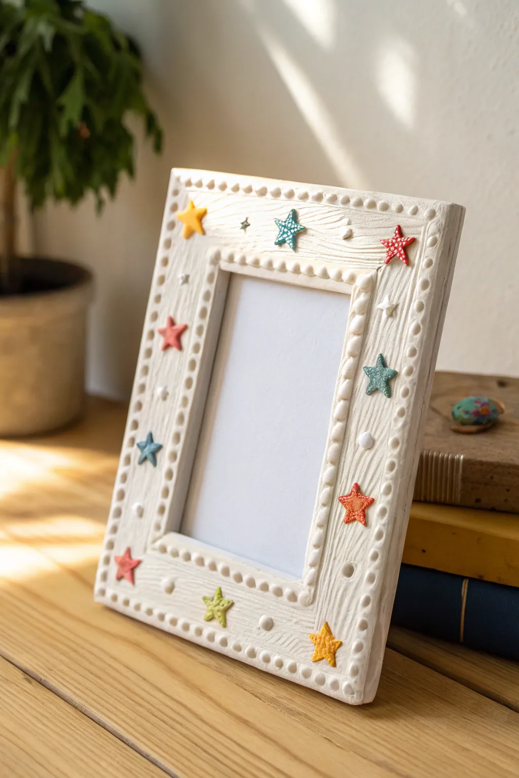 Bright clay picture frame with star-and-dot border, a fun kid craft that looks sweet on display