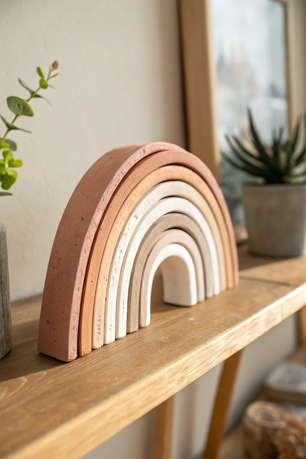 Muted clay rainbow arch decor in soft sand and terracotta tones for a calm boho shelf moment.