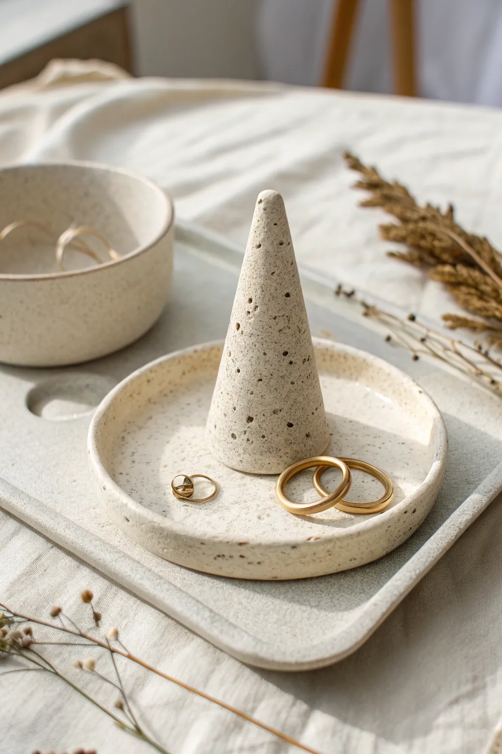 Minimal ring cone and catch dish in speckled clay for a calm, everyday jewelry moment