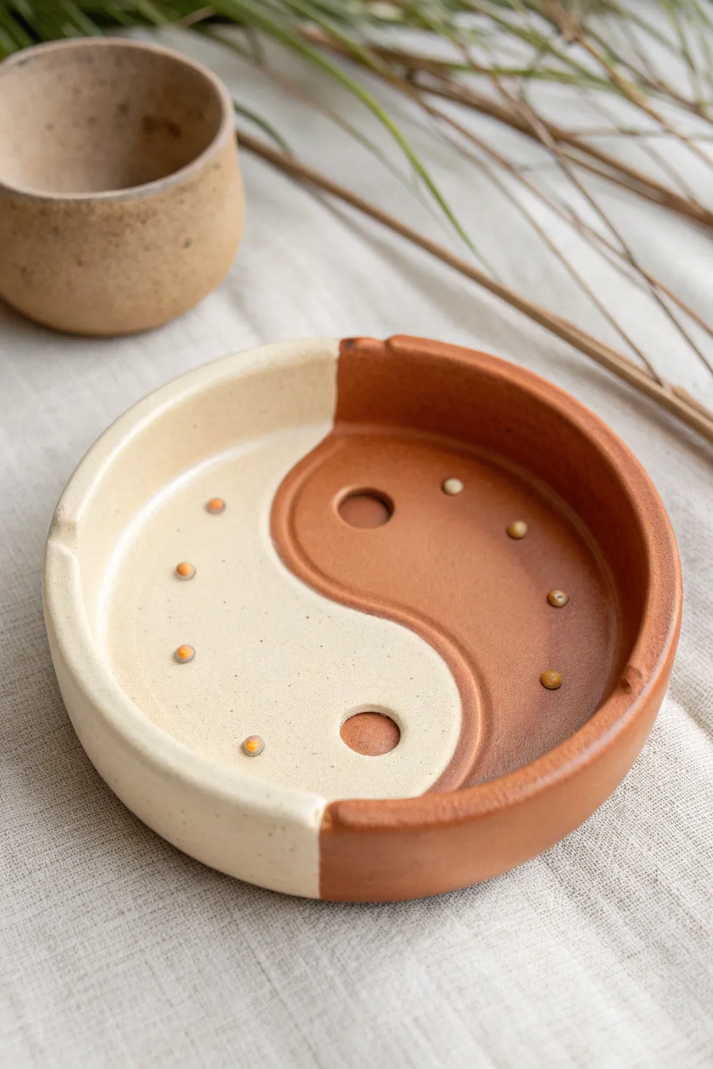 Yin-yang split-color clay ashtray with tiny dot accents, minimalist craft with warm boho calm.