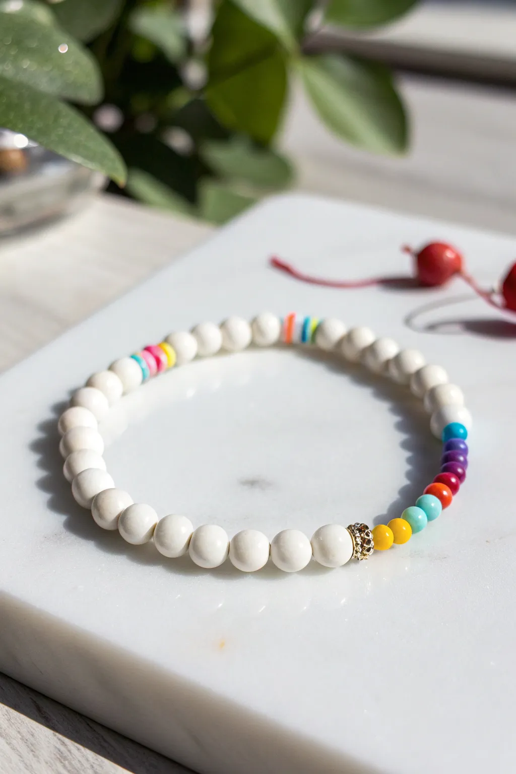 White clay bead bracelet with playful confetti pops, clean Scandinavian style and boho charm.