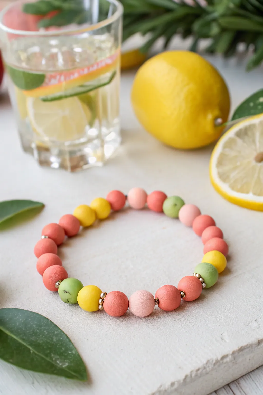 Easy summer clay bead bracelet in coral, lemon, and green with a tiny fruit charm pop