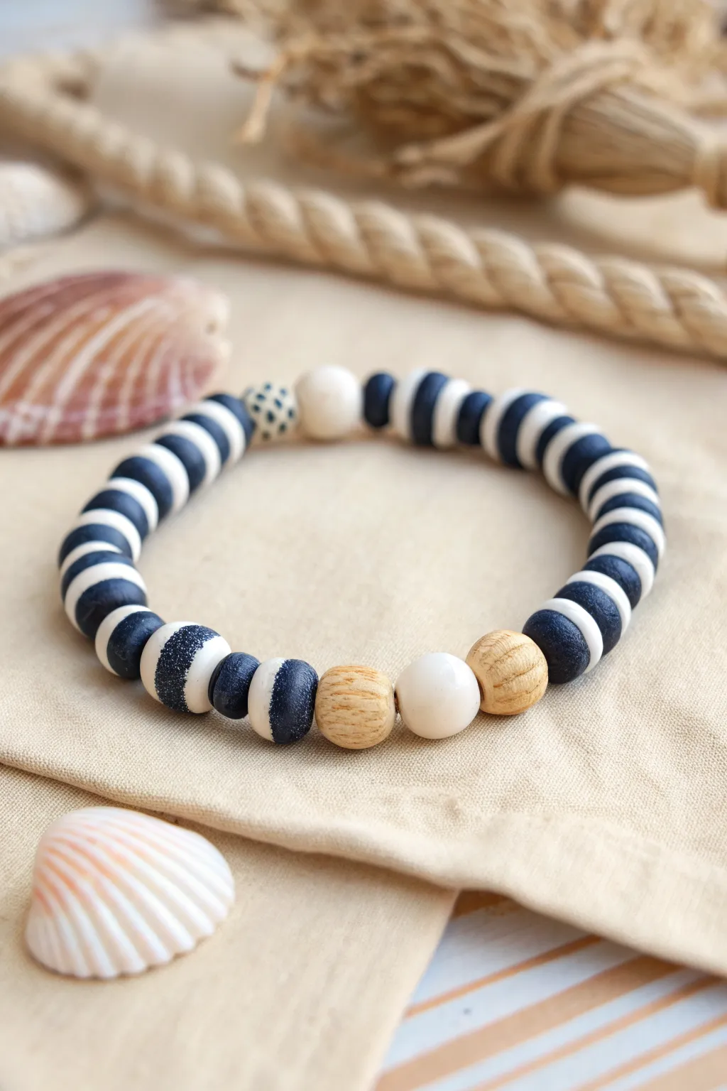 Navy-and-white clay bead bracelet with a neutral center bead for a clean nautical summer vibe