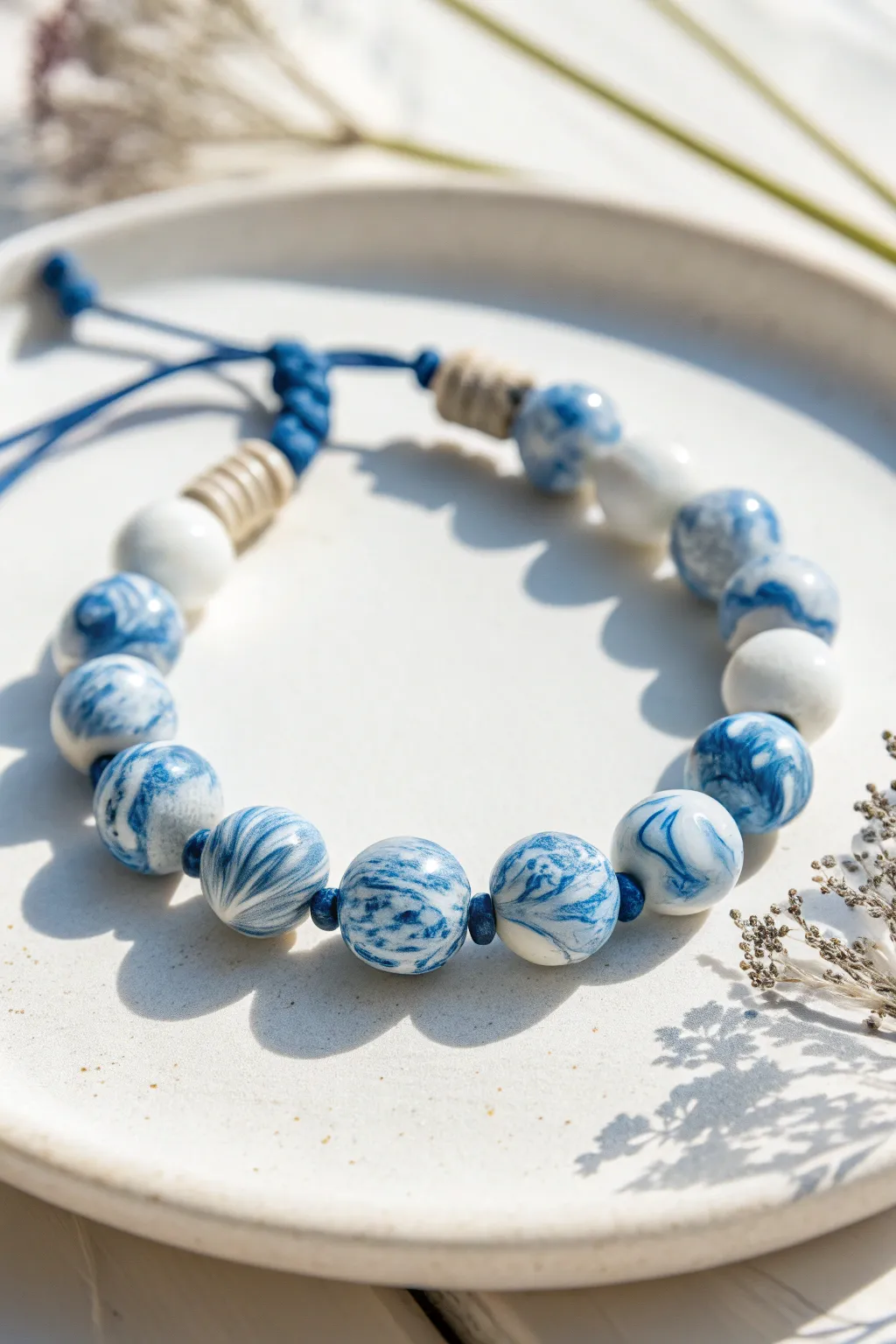 Blue and white marbled clay bead bracelet with porcelain look, simple Scandinavian boho charm