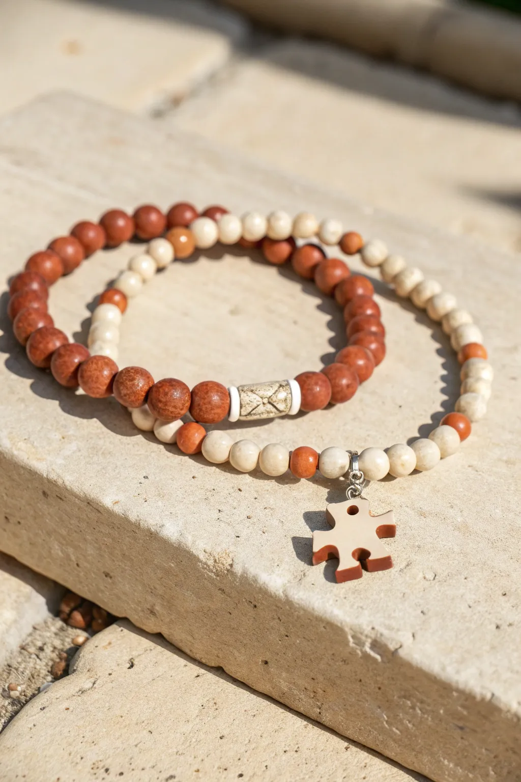 Matching clay bead bracelets with puzzle piece center beads, minimal Scandinavian romance for couples.