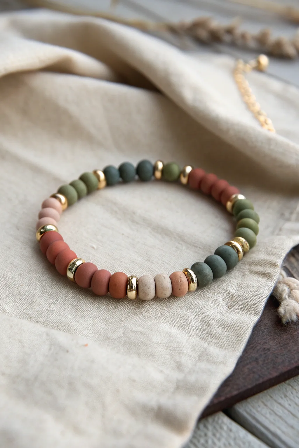 Matte clay color blocks with gold and silver spacers, high contrast sparkle with zero white beads.
