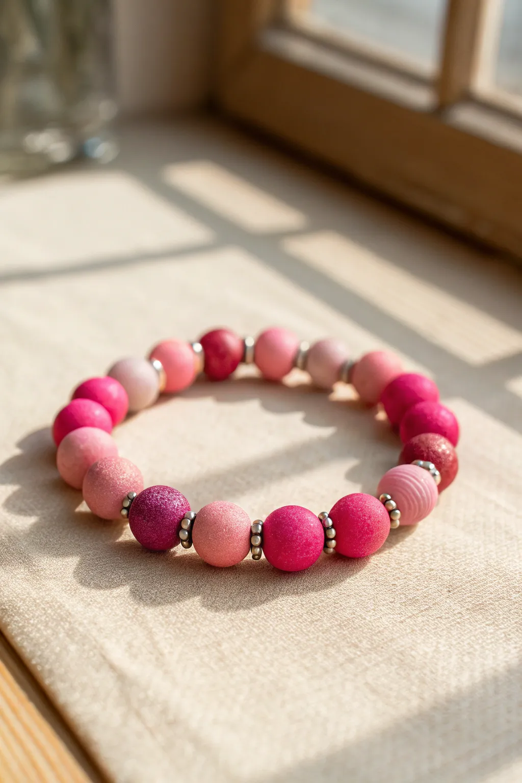 Chunky pink color blocks in blush, rose, and fuchsia with delicate metallic spacers