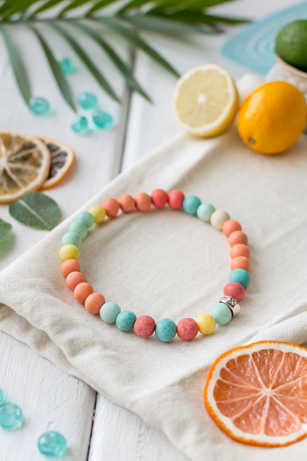 Summer beach clay bead bracelet with tiny tropical fruit slices, sunlit and minimalist boho.
