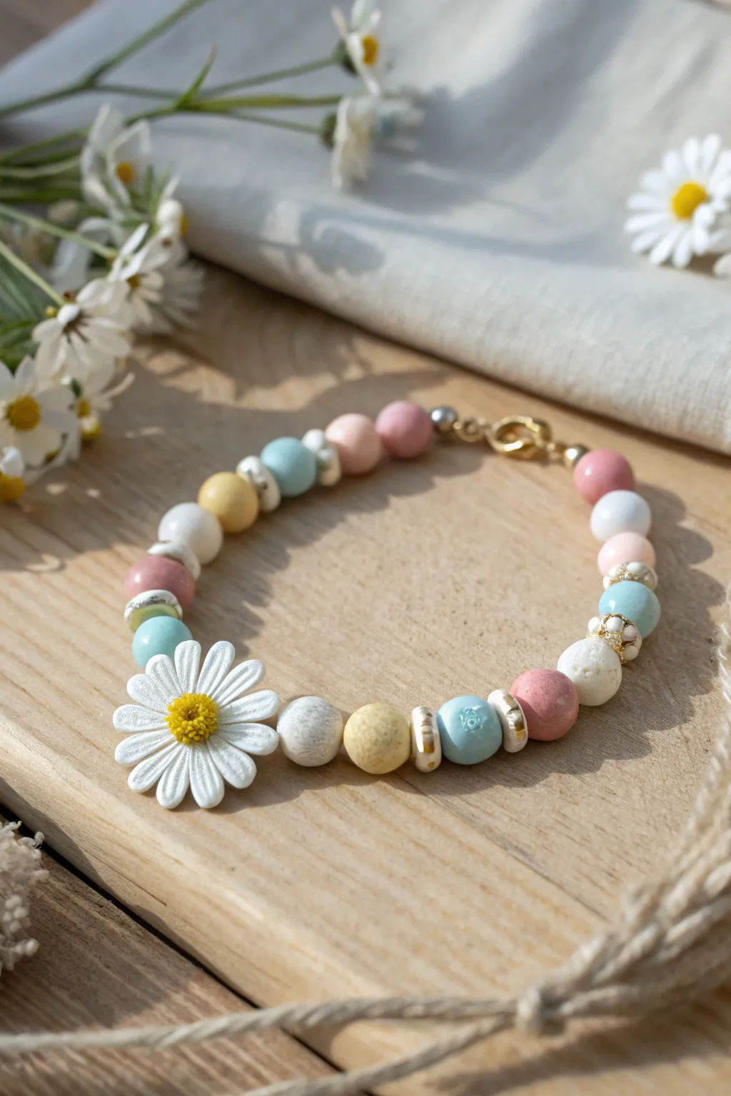 Sunny daisy spacer beads mixed with pastel clay discs for an easy, cheerful summer bracelet
