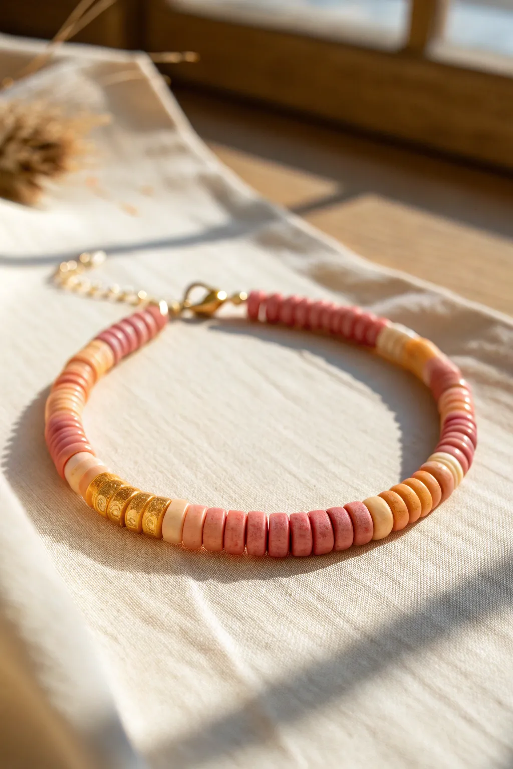 Sunset ombre heishi bracelet fading from pink to gold—minimal, handmade, and ready to sell.