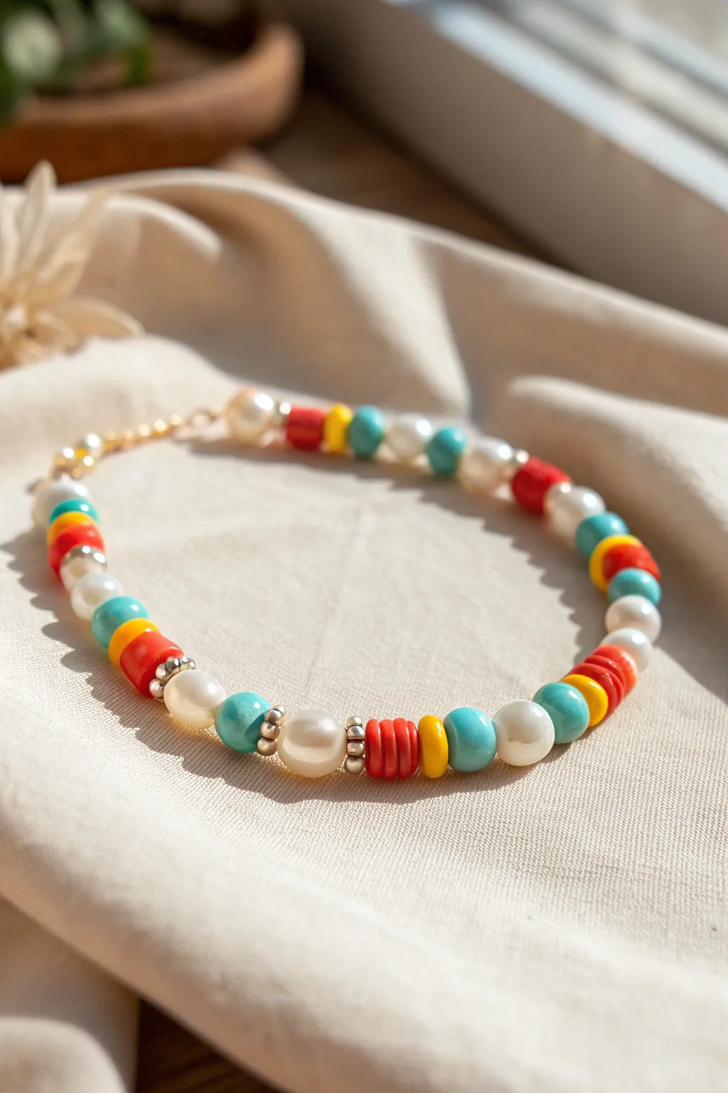 Playful bright heishi clay beads and creamy baroque pearls for an easy boho minimal bracelet