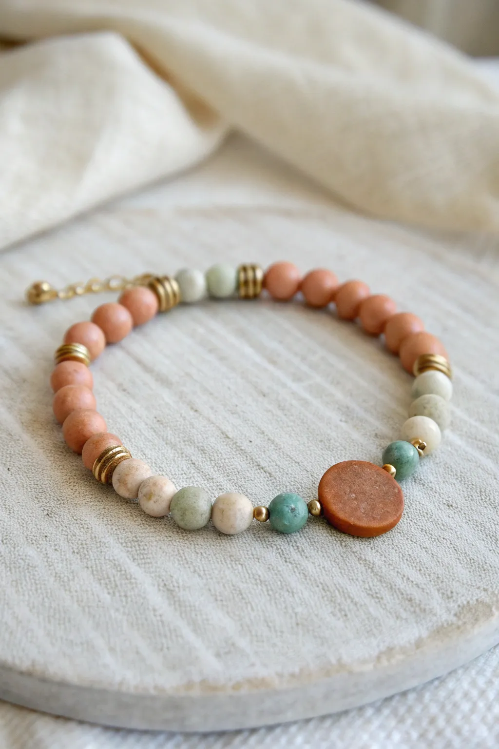 Minimal clay bead bracelet with a single charm centerpiece, soft boho tones and clean symmetry.