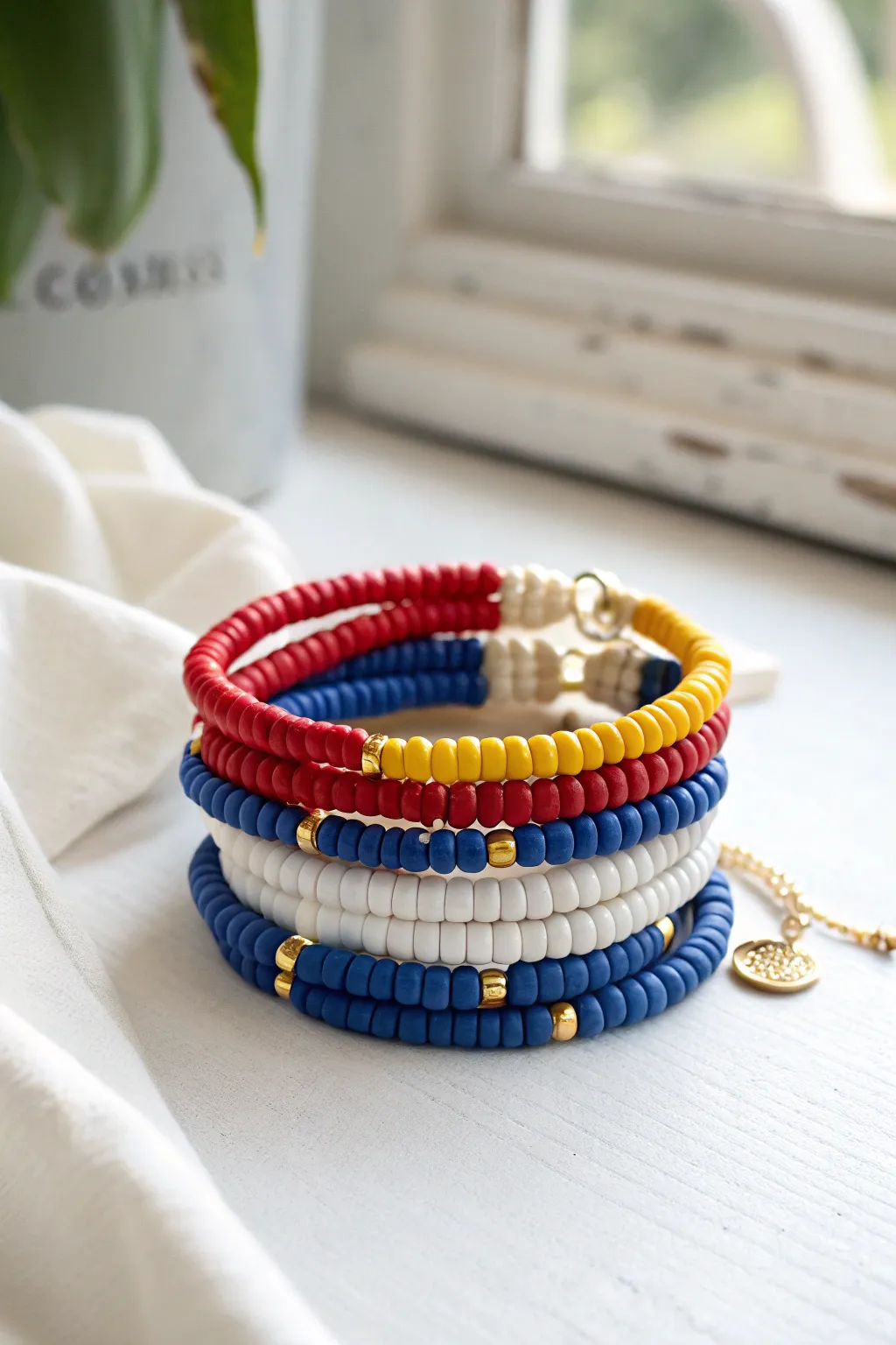 Primary color clay bead bracelet stack with a clean white accent, crisp minimalist flatlay.