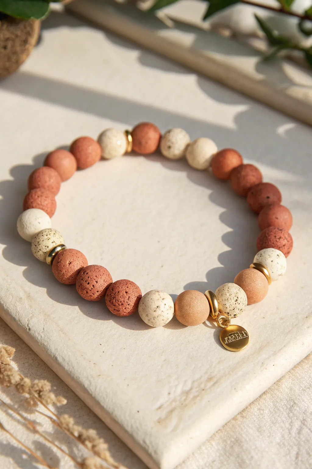 Minimal clay bead bracelet with a single dangling charm, soft boho tones and clean contrast.