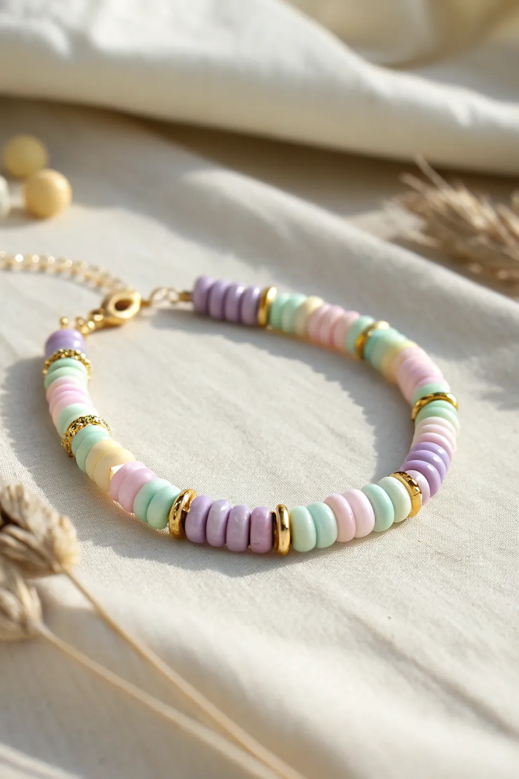Pastel sorbet matte heishi bracelet in mint, lavender, blush and butter yellow on airy linen.