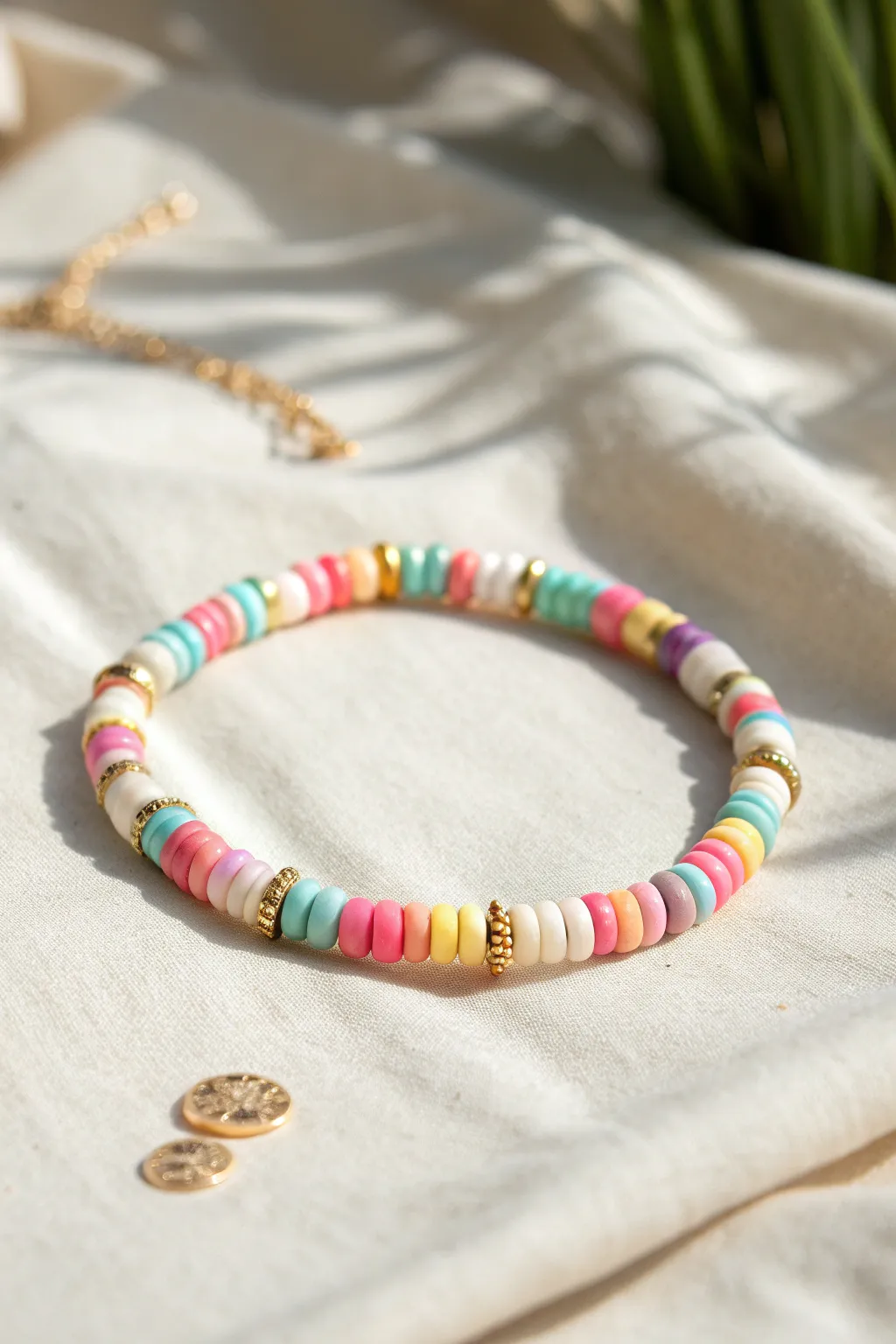 Confetti heishi bracelet with playful color pops and random gold spacers for easygoing charm