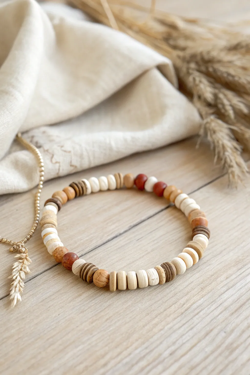 Soft neutral clay heishi bracelet with cozy linen texture for an effortless minimalist-boho look