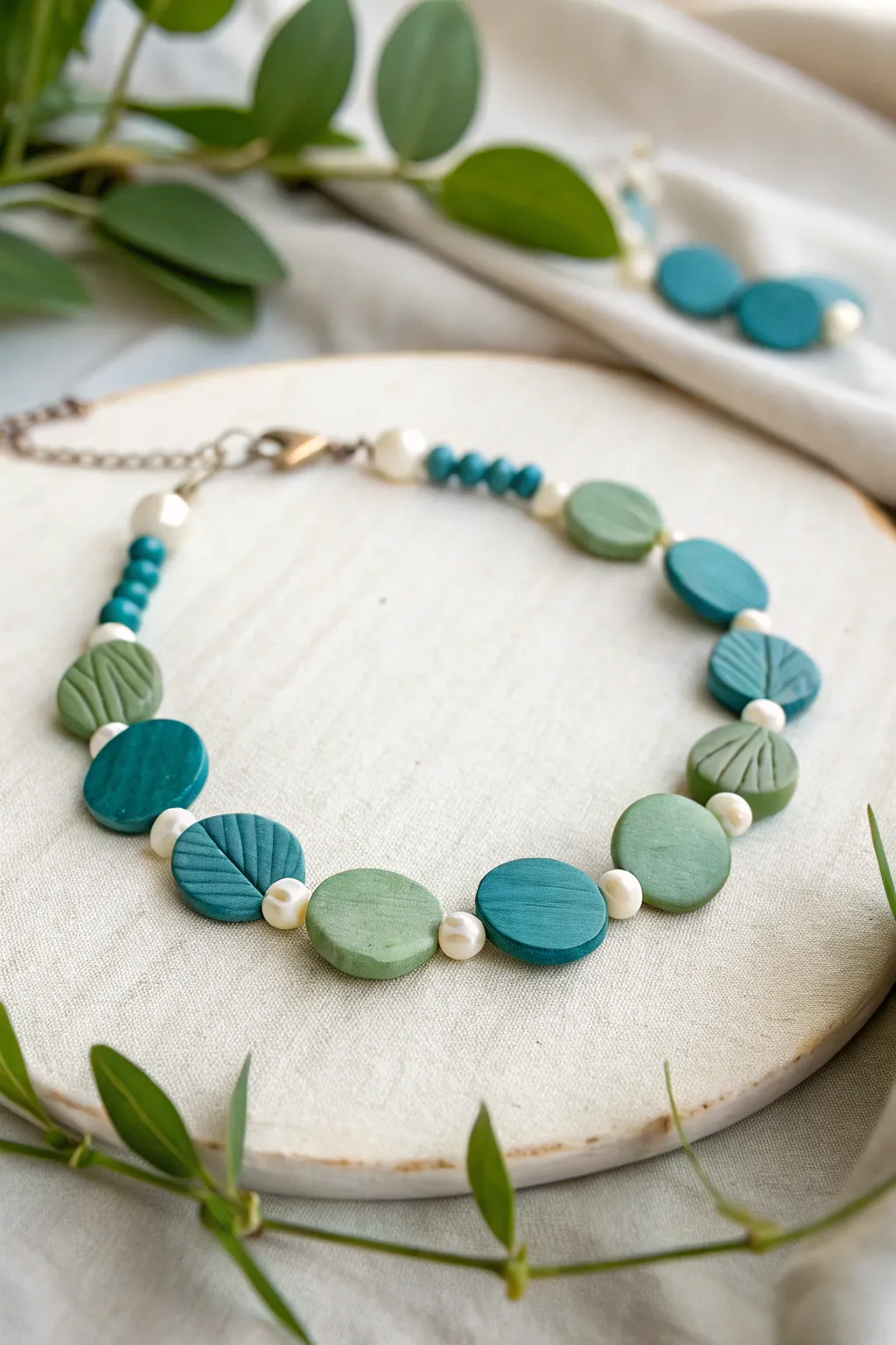 Coastal garden bracelet in teal and leafy green clay discs with bright white bead accents