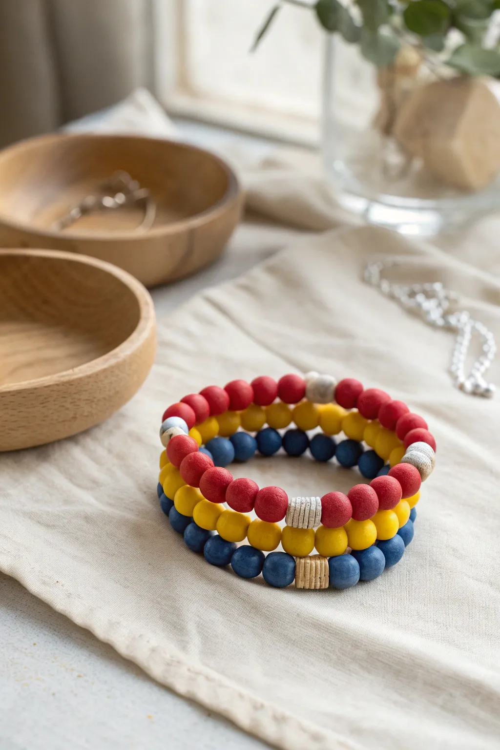 Primary-color clay bead bracelet stack with a playful retro rhythm and clean minimalist styling
