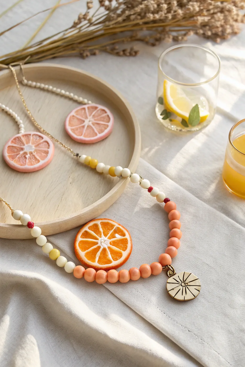 Summer clay bead necklace with a citrus slice focal bead in soft pink, orange, and cream tones