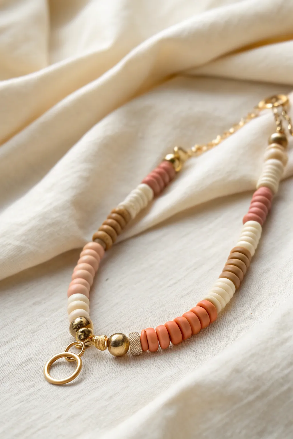 Heishi clay phone charm with gold spacers, simple color blocks, minimalist boho glow