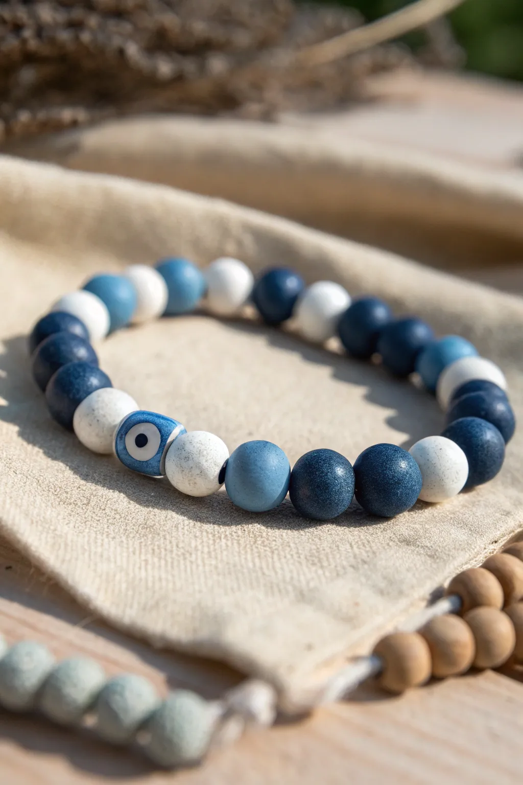 Cool-toned clay bead stack with an evil-eye centerpiece for a modern, protective aesthetic.