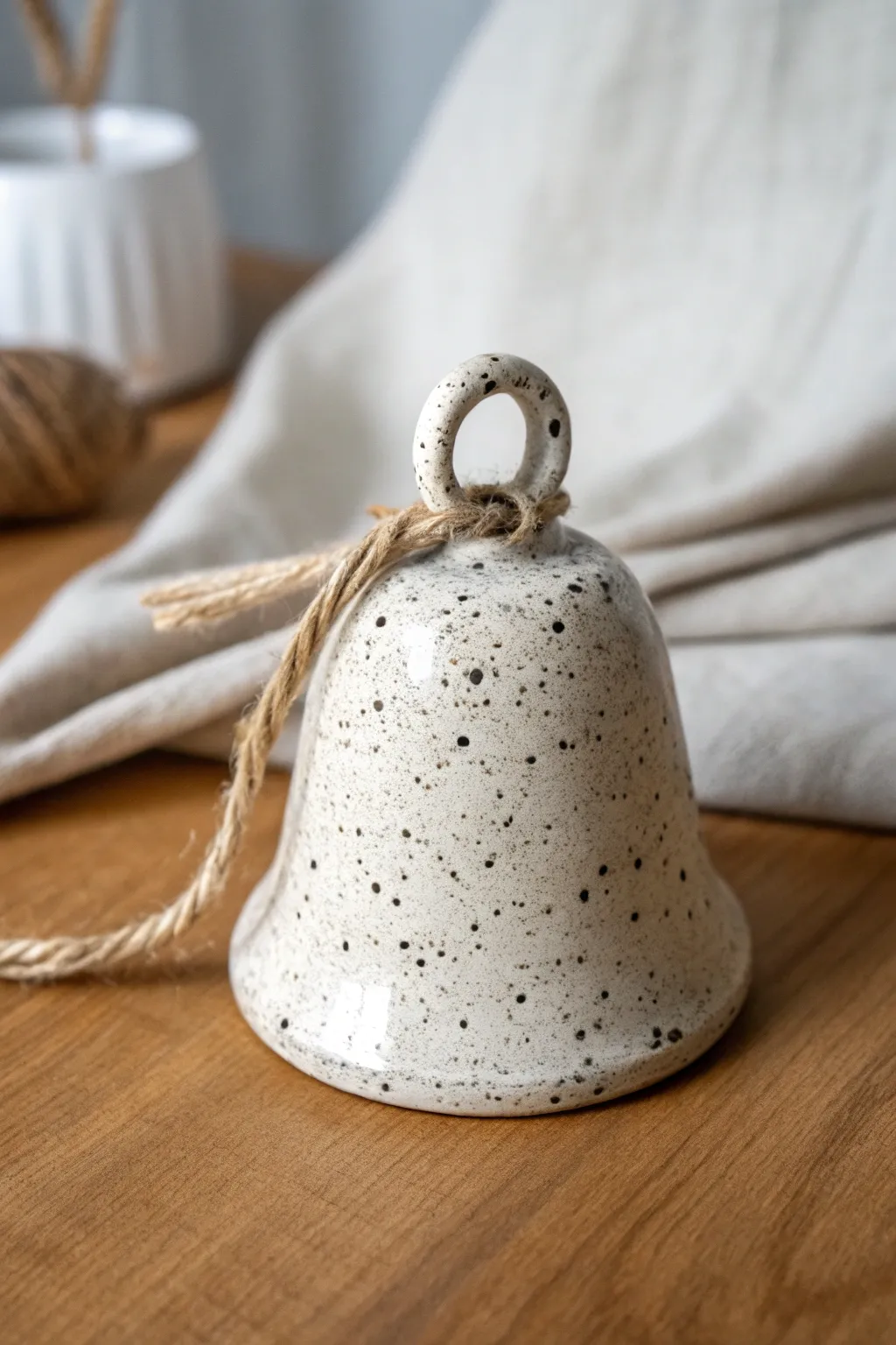 Speckled clay bell with clear glaze, warmly styled on wood for a cozy minimalist look.