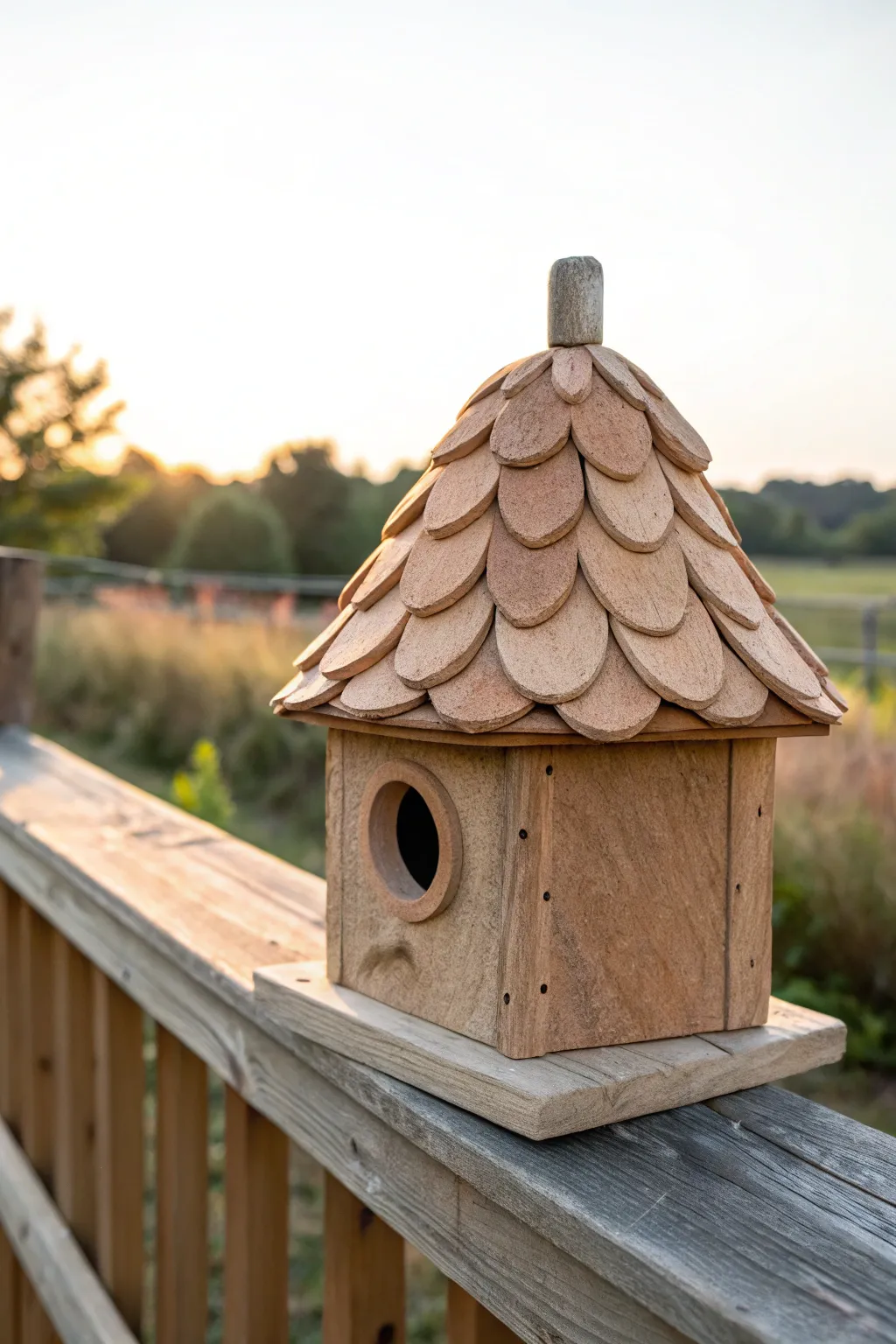 Shingled clay birdhouse with sunlit texture, simple entry hole, calm Scandi boho vibe