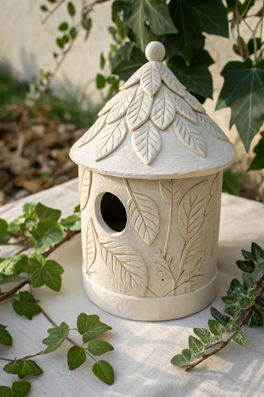 Leaf-wrapped ceramic birdhouse that blends into garden greenery with calm, handcrafted charm