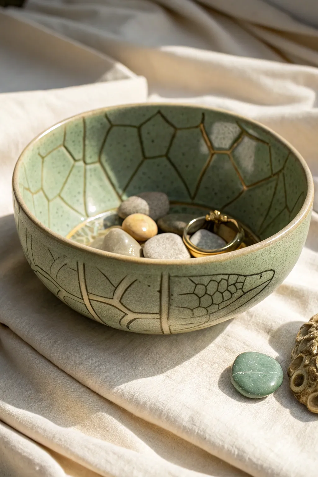 Earthy turtle shell bowl in sage green, perfect for rings, crystals, or tiny treasures.