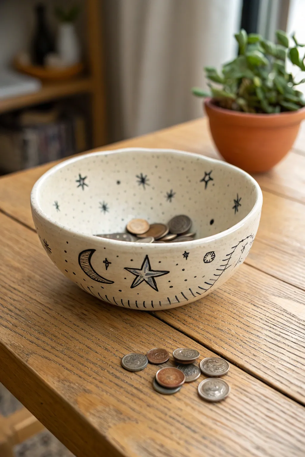 Matte off-white doodle bowl with playful black sketches, perfect for coins and tiny keepsakes.