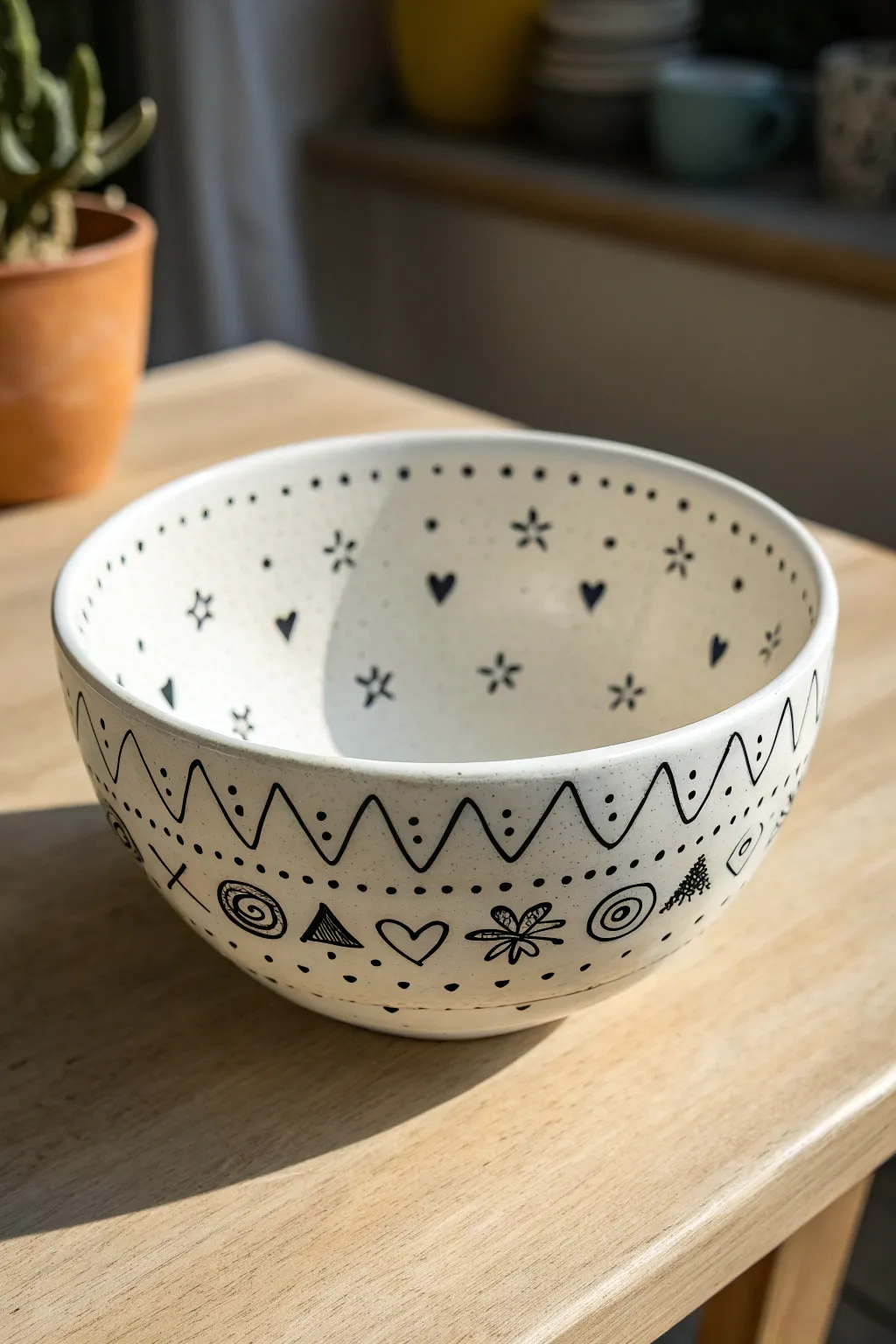 Tiny doodles and mini icons on a simple bowl for an easy, charming painted finish
