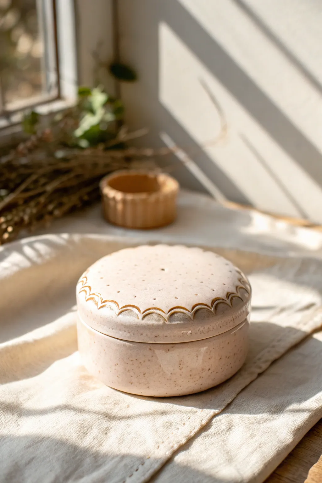 Creamy pastel clay box with a scalloped rim for a soft vintage edge and clean minimalist charm