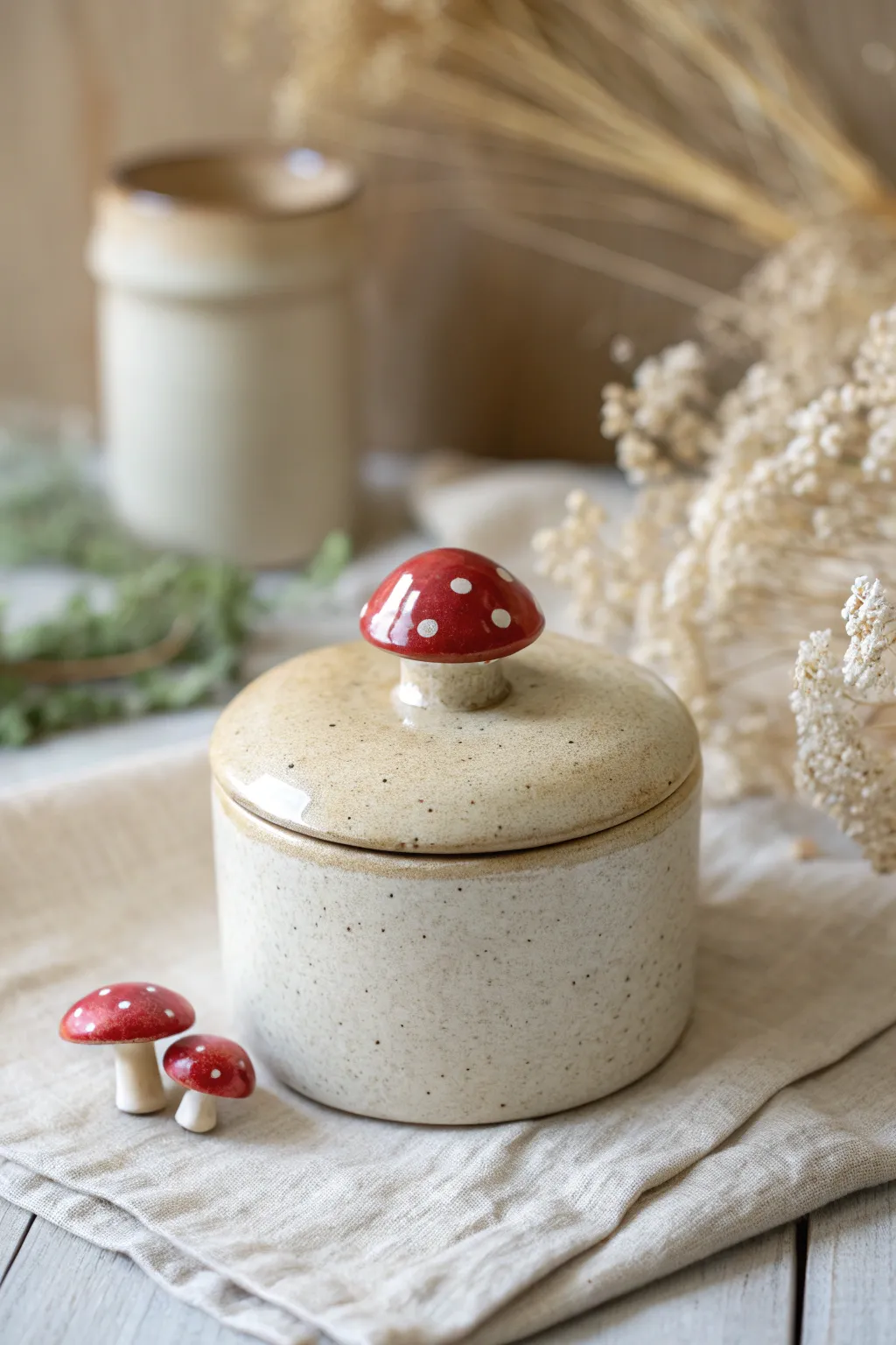 Cottagecore charm: a minimalist clay box topped with a sweet mushroom lid handle