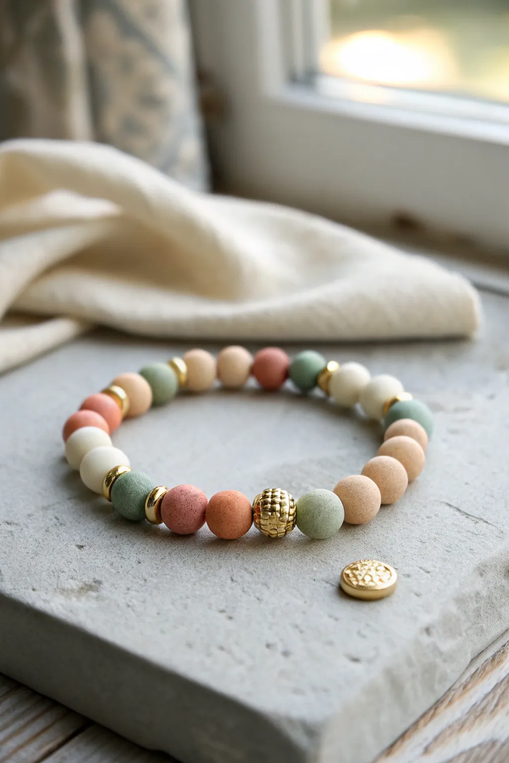 Centered charm clay bead bracelet with soft color blocks and gold spacers, minimalist boho style.