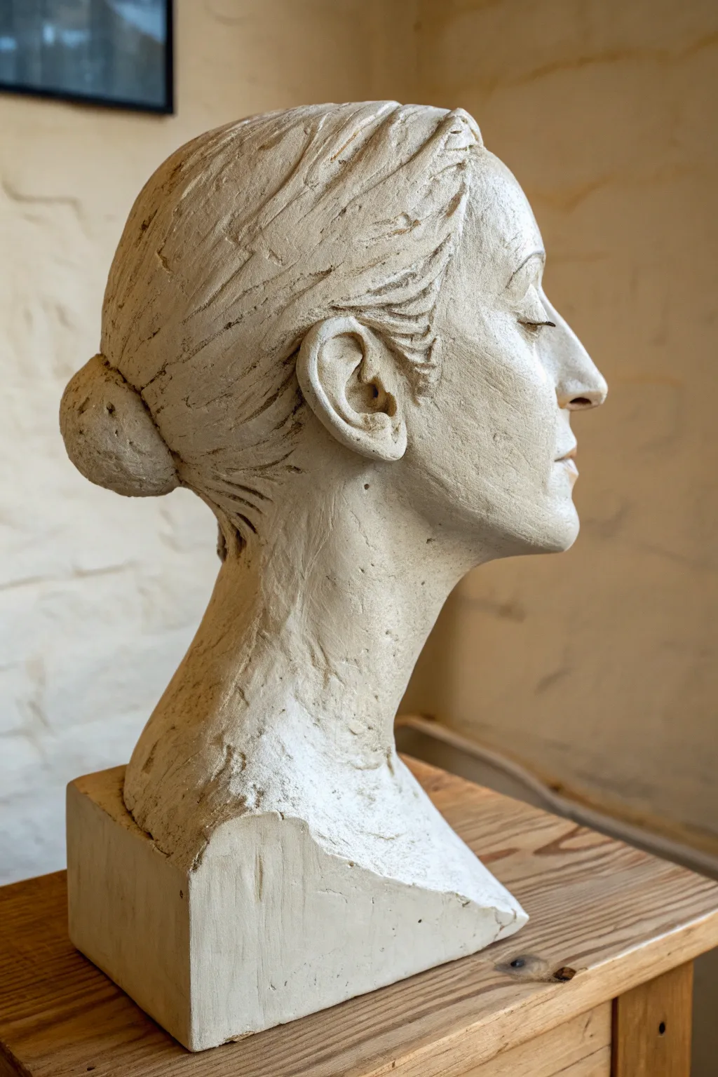 Open-back clay bust with sculptural cutaway, minimalist lines, warm earthy contrast.