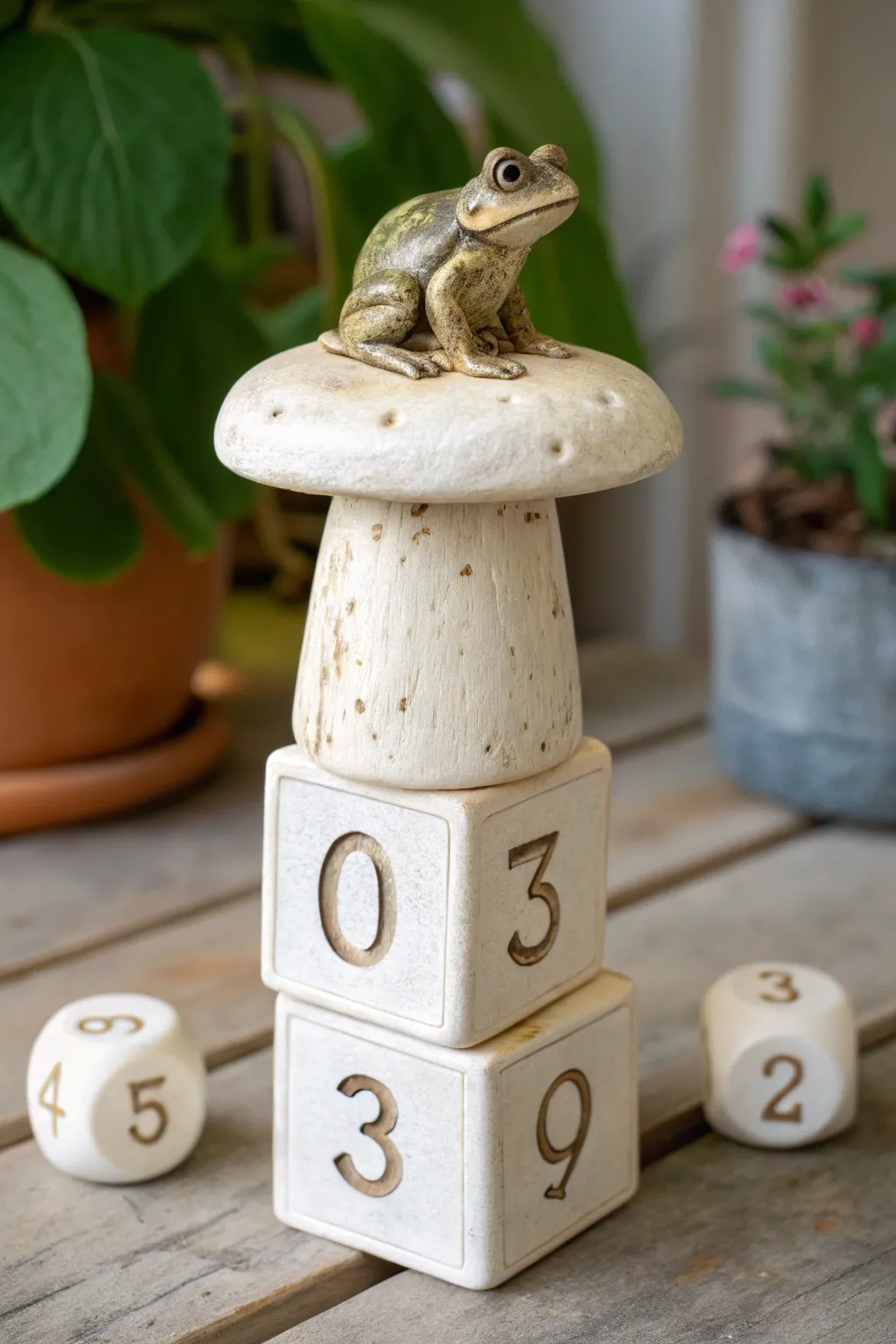 Minimalist stacked clay totem perpetual calendar with cute frog and crisp numbered date blocks.