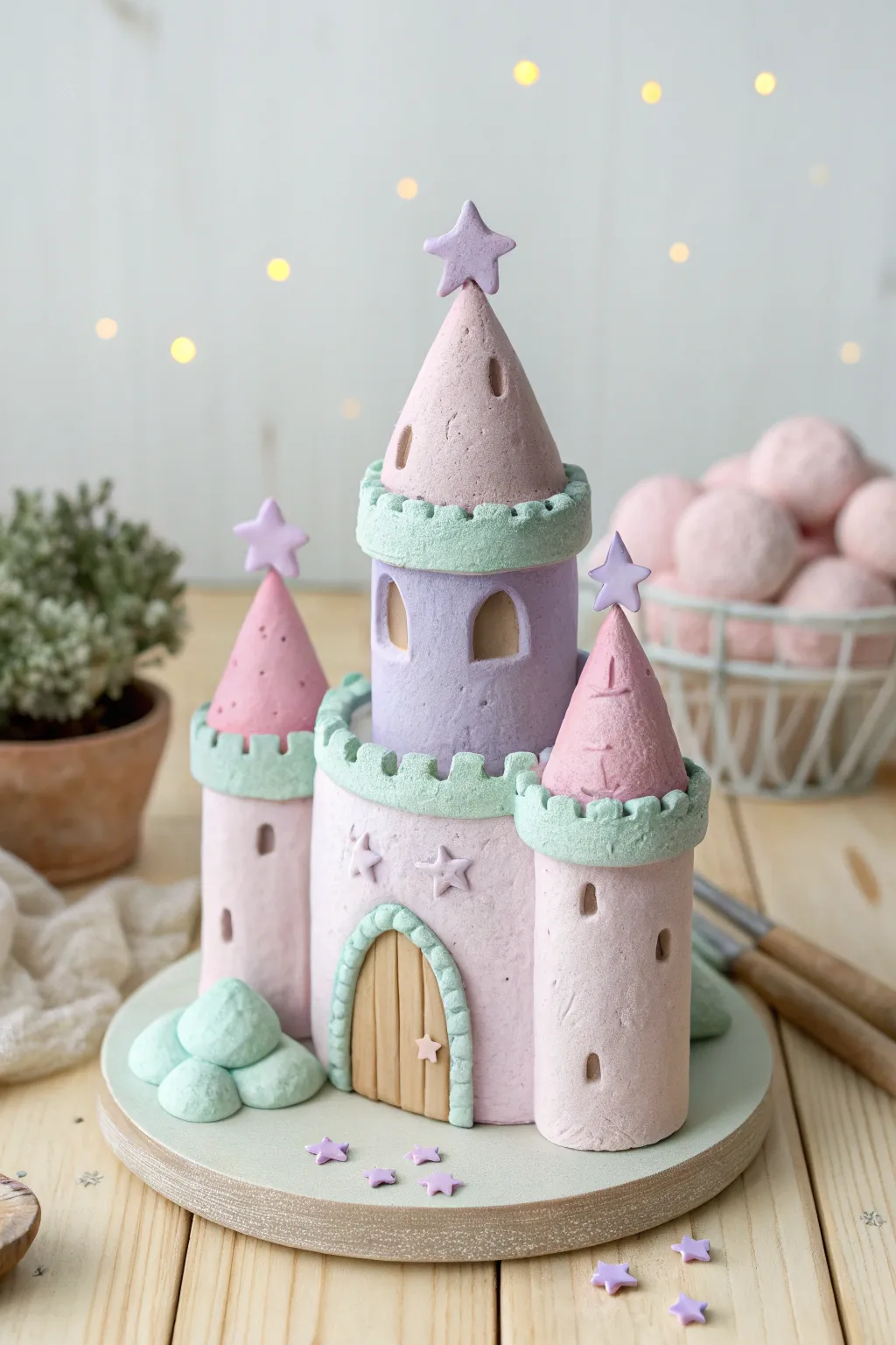 Pastel clay fantasy castle with sweet star and cloud details, minimalist and dreamy