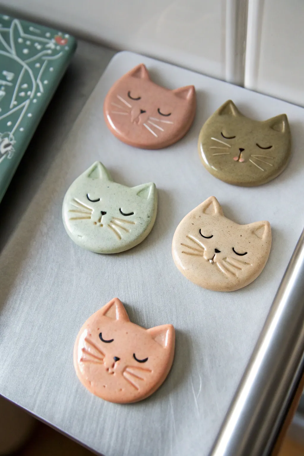 Four tiny handmade clay cat magnets in soft pastels, arranged neatly for a minimalist look