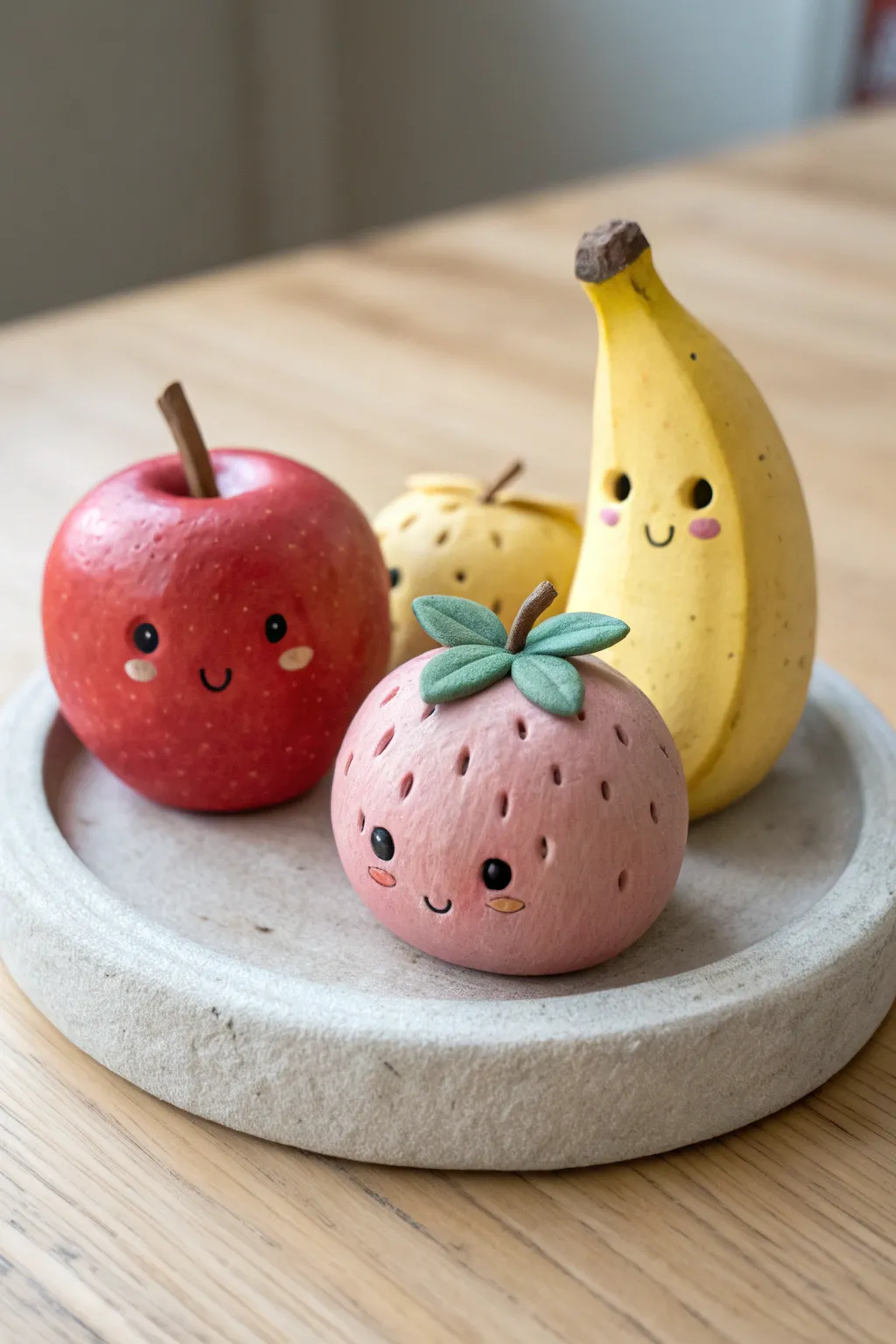 Cute clay fruit trio with tiny feet and dot eyes, styled minimalist Scandinavian with boho warmth.