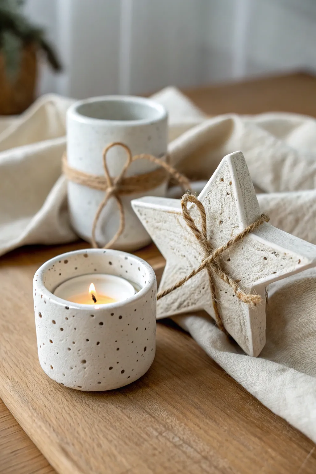 Handmade star candle and match holder set, minimalist clay charm, ready to wrap for Christmas.
