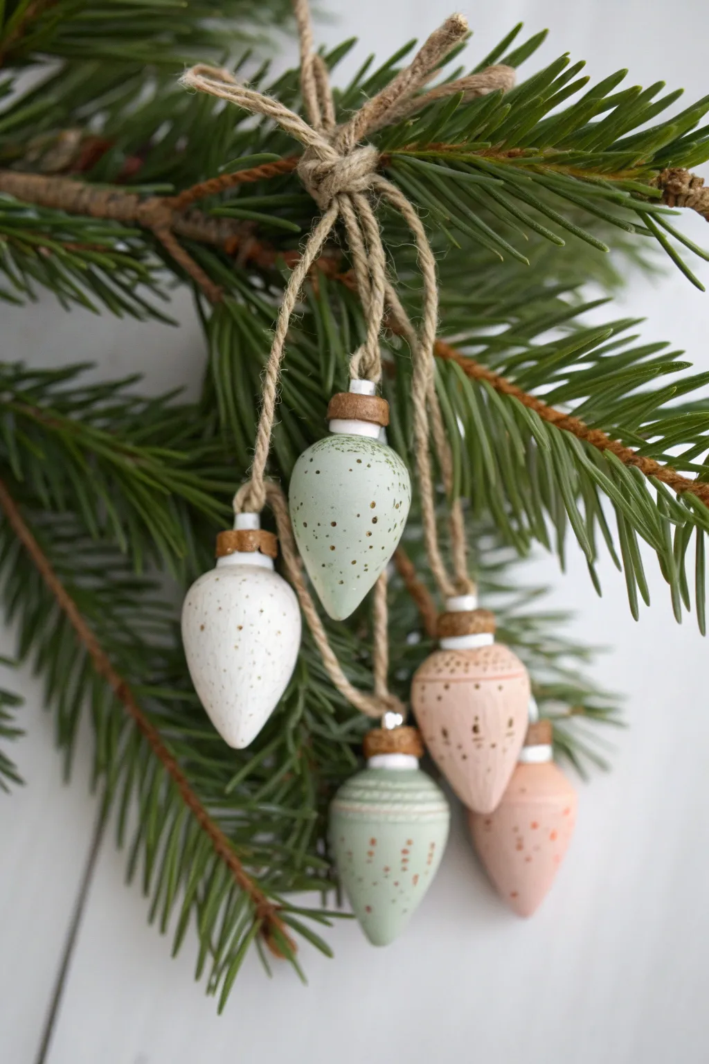 Fingerprint clay light bulb garland ornament, minimalist Scandinavian Christmas charm