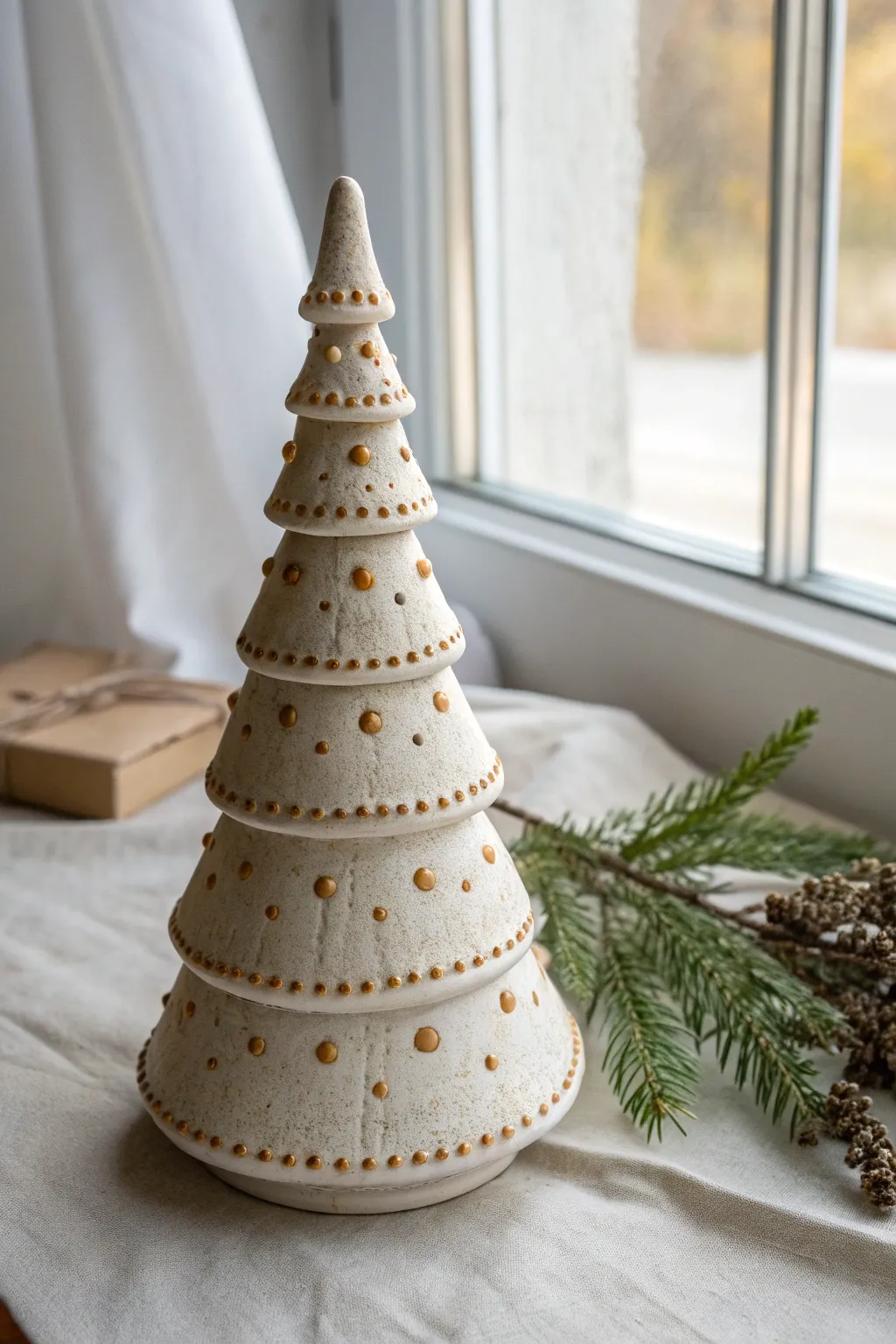 Speckled stoneware-look clay tree with tiny dot ornaments and a hint of dried greenery