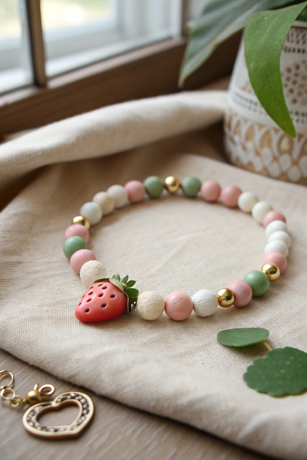 Sunny clay heishi bracelet with a centered strawberry charm and soft blush, cream, and green tones.