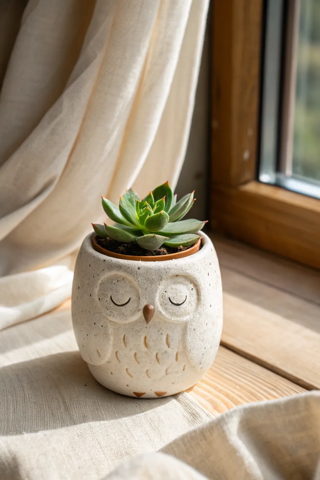 Cute owl pinch pot planter with a tiny succulent, Scandinavian minimal style with boho warmth.