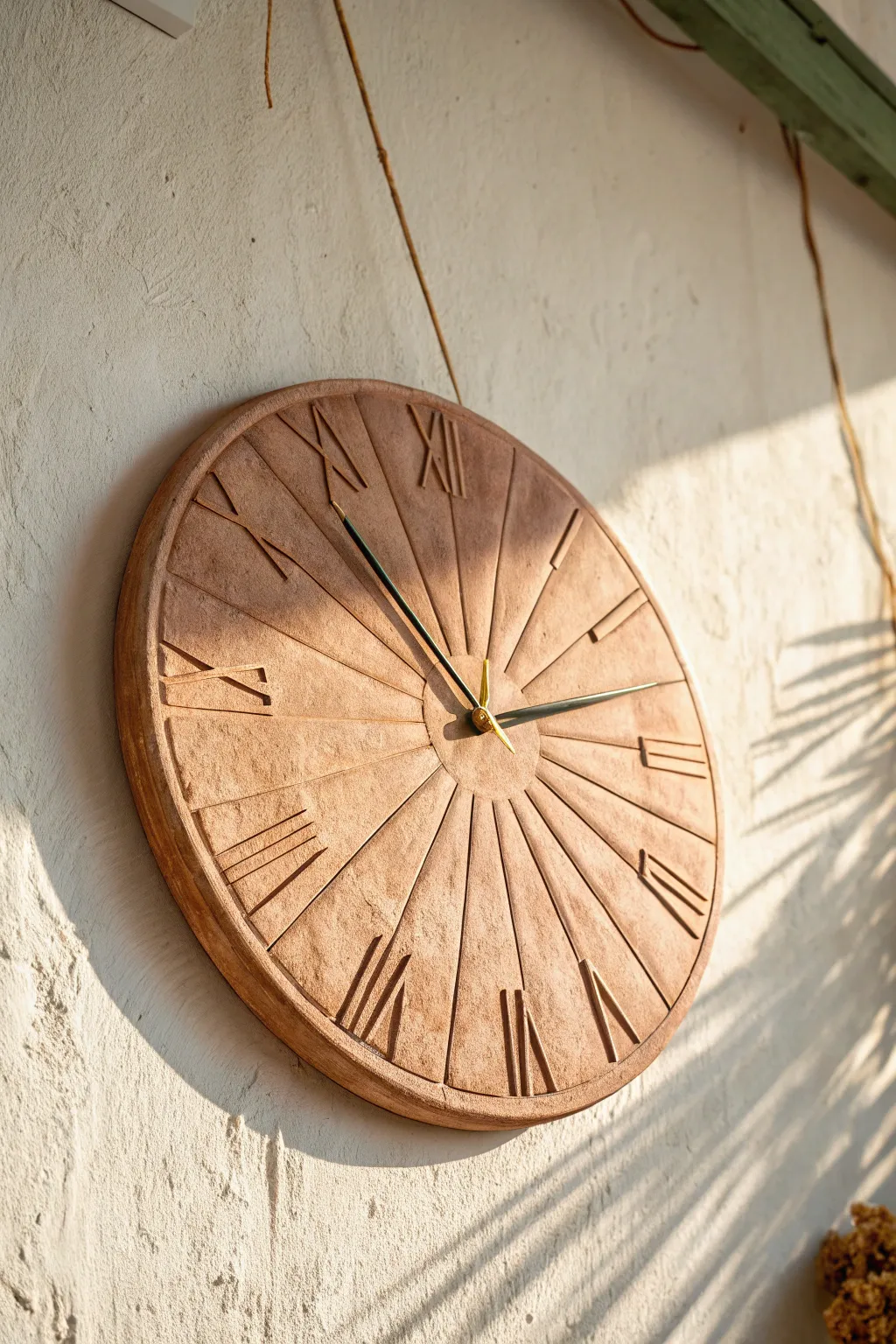 Sunburst clay wall clock in warm terracotta, minimal and boho, with sculpted rays and shadows