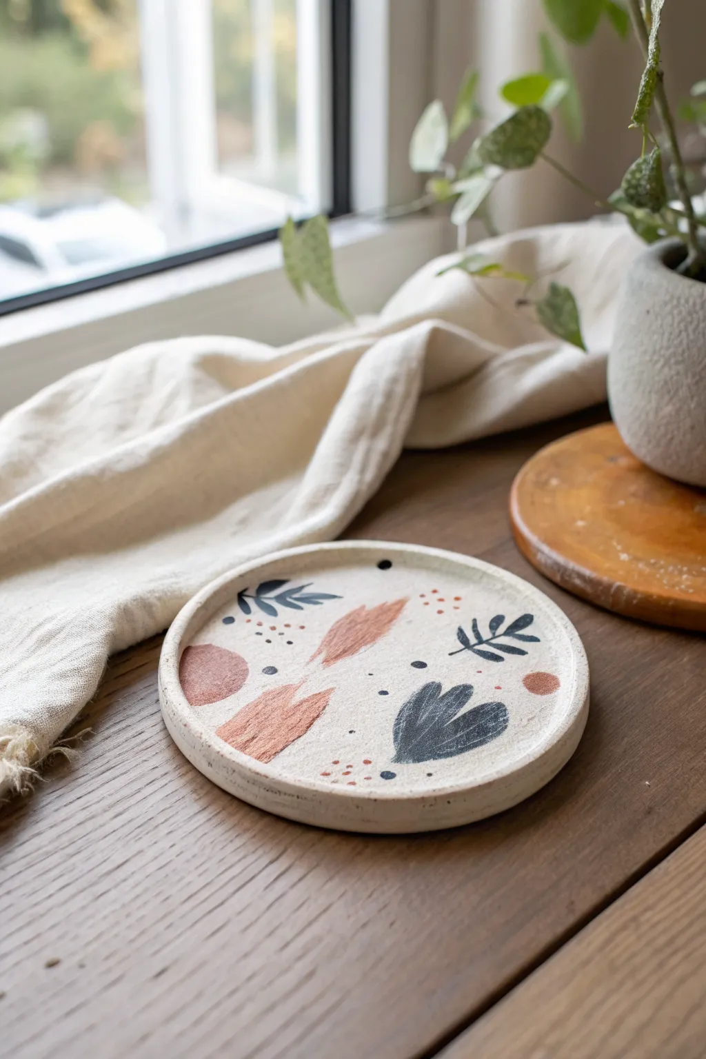 Matte clay coaster with relaxed brushstroke accents, minimalist yet warm for an easy DIY look