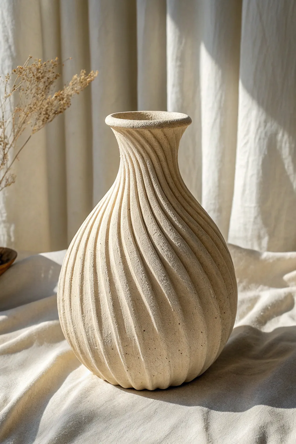 Soft wave flutes and warm matte clay make this coil vase a calm, modern boho centerpiece.