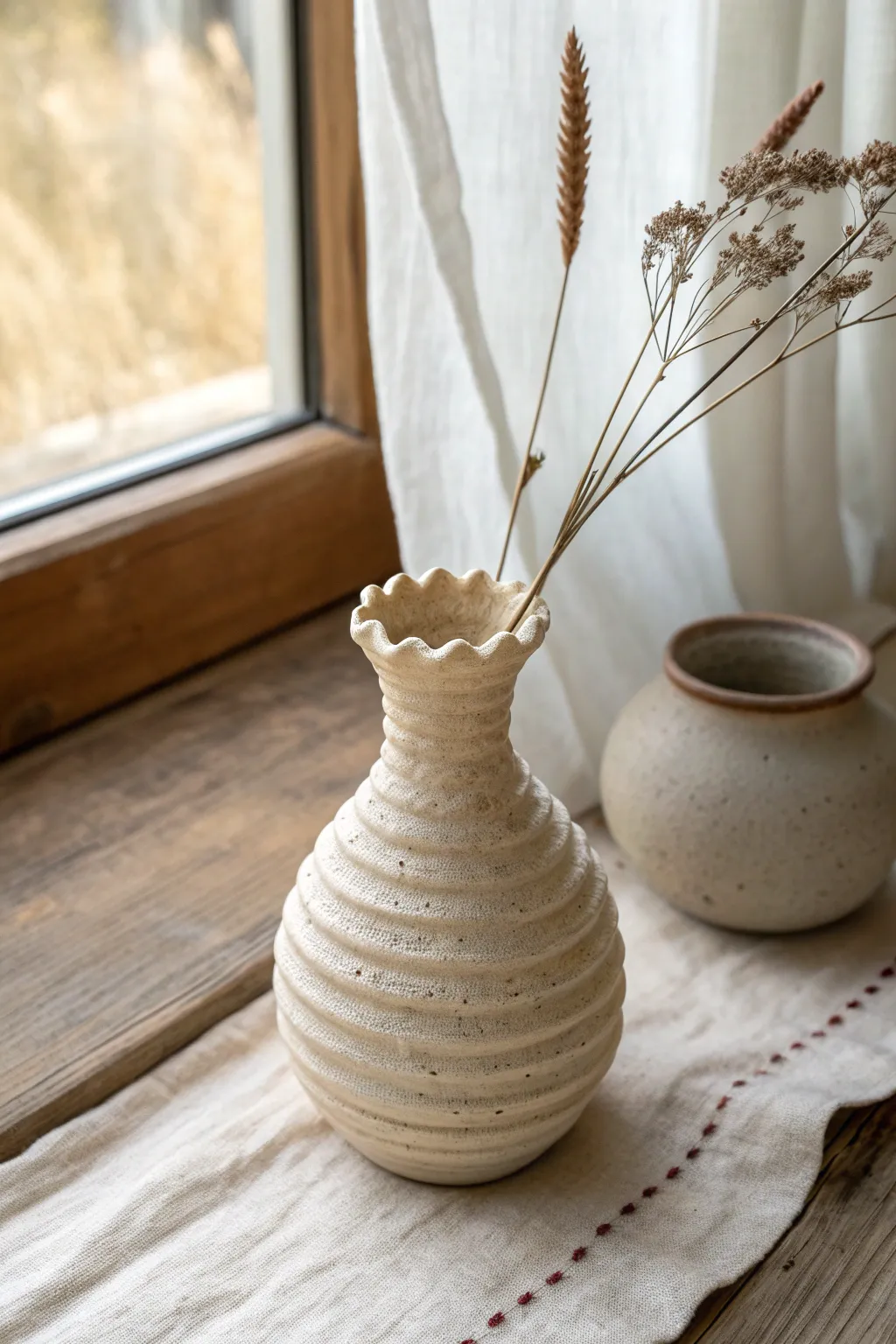 Handbuilt coil bud vase with a wavy rim silhouette, styled simply with two delicate stems.